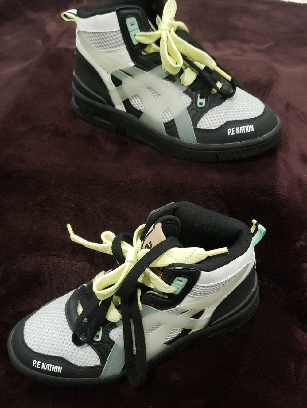 Asics P.E Nation High-Top Sneakers in White, Black & Yellow-Green